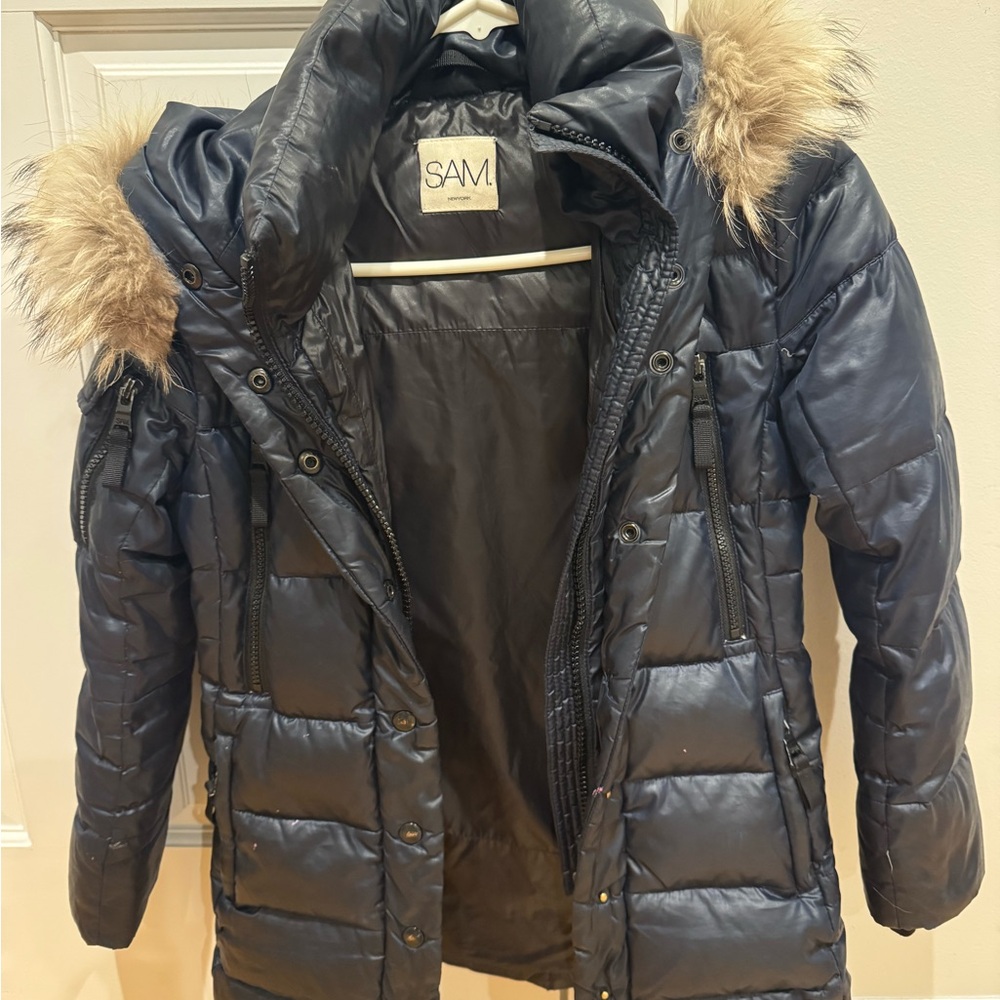 SAM. Girls Navy Puffer Jacket with Fur Hood